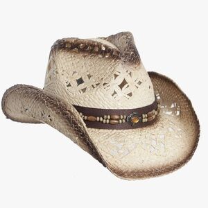 Cowboy cowgirl Cream white with Brown Straw Cowboy Hat with embellished band